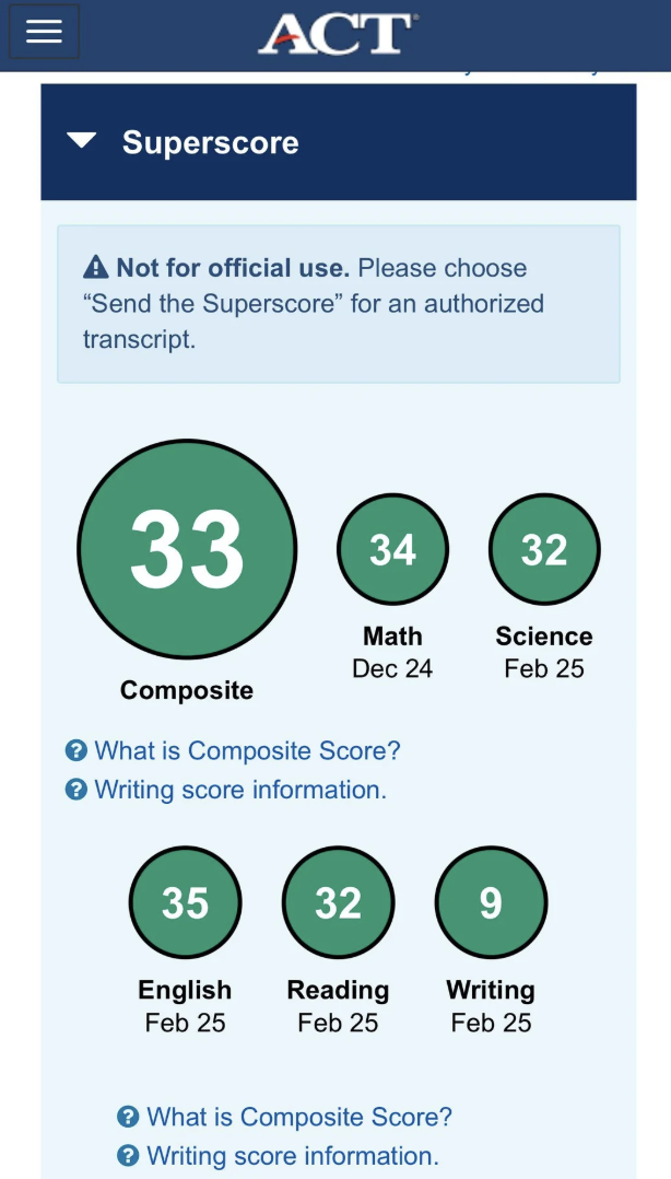 2025 ACT score — student 1