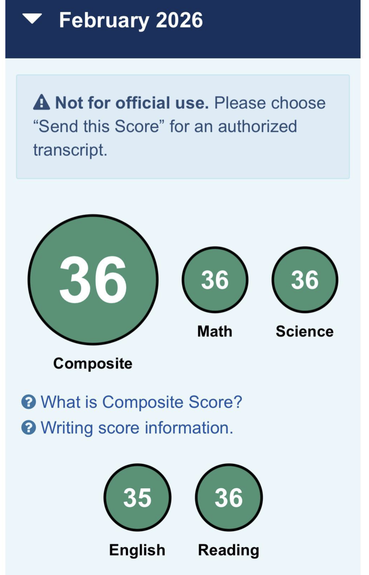 2026 ACT score result - student 4
