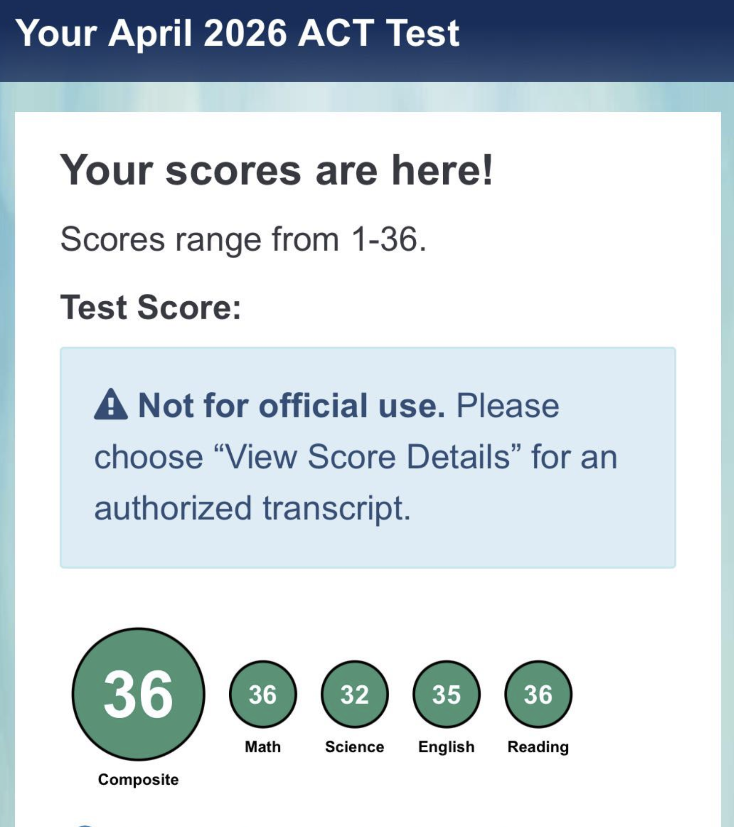 2026 ACT score result - student 8
