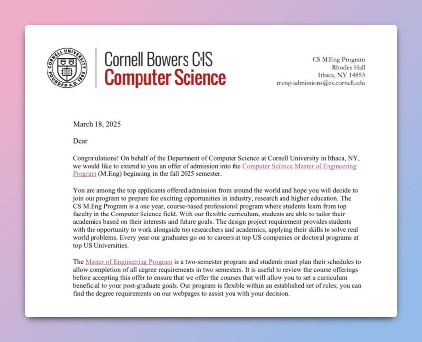 2025 Cornell University acceptance 2