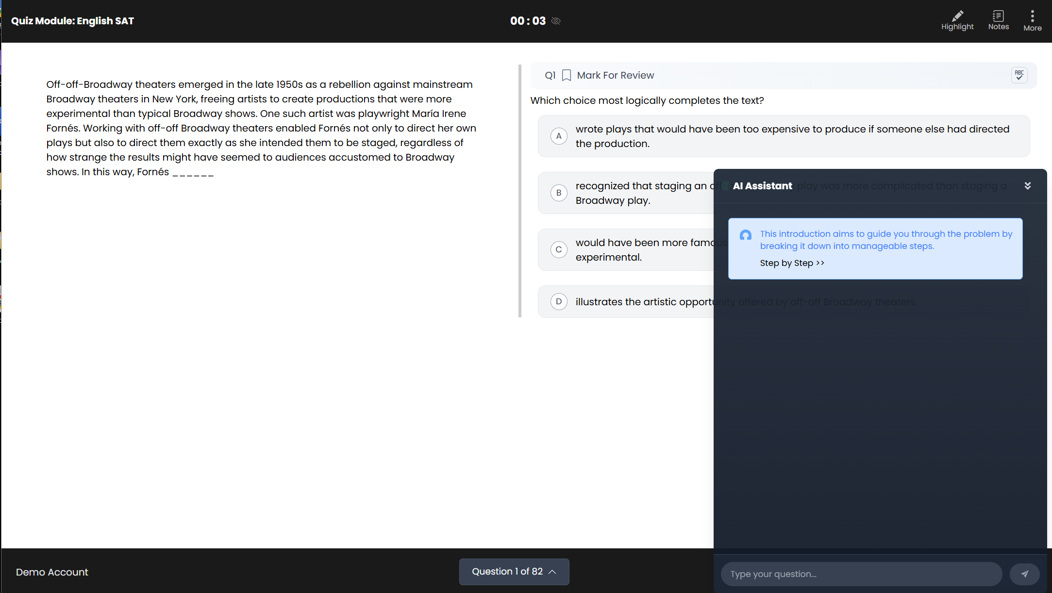 P-Vault digital SAT practice screen with AI Assistant