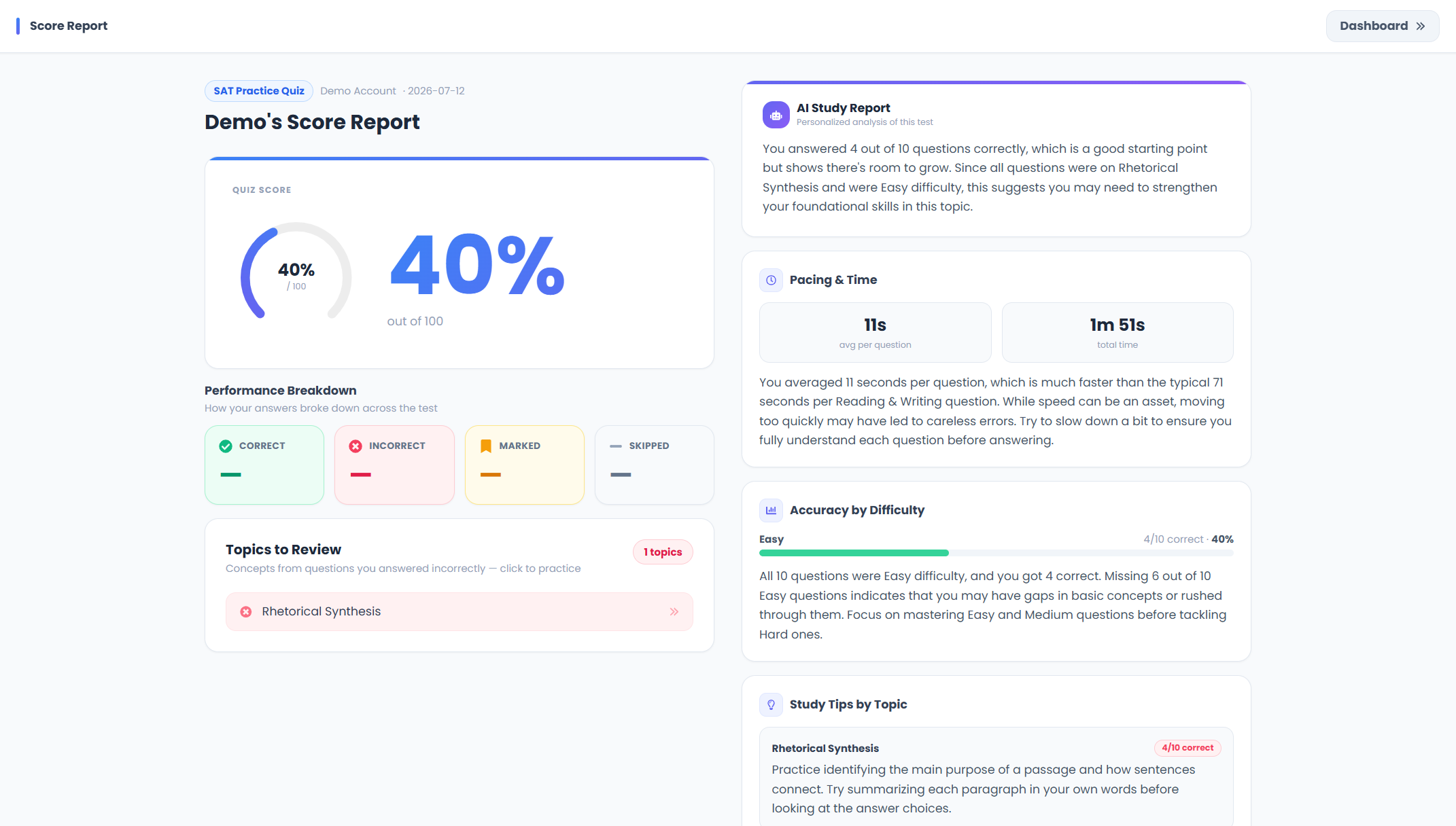 P-Vault AI study report with SAT performance feedback